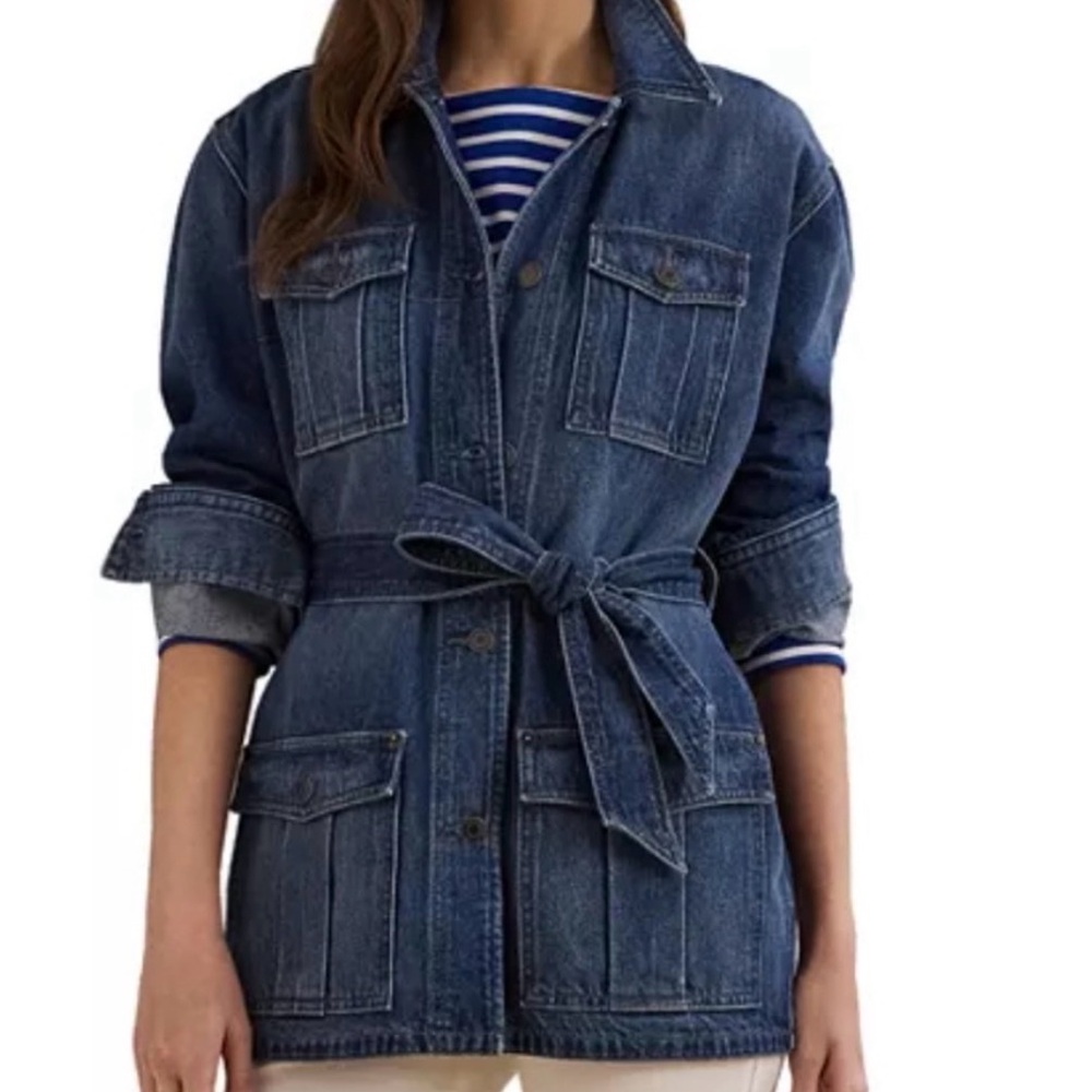 RALPH LAUREN Belted Denim Field Jean Jacket Pockets Collared Marina Wash